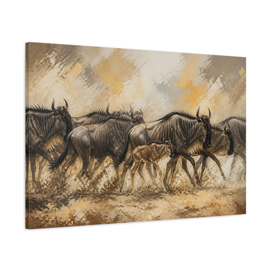 Main Mockup. Minimal Vintage Print Wildebeest Calf Beside Moving Herd shown as stretched canvas wall art