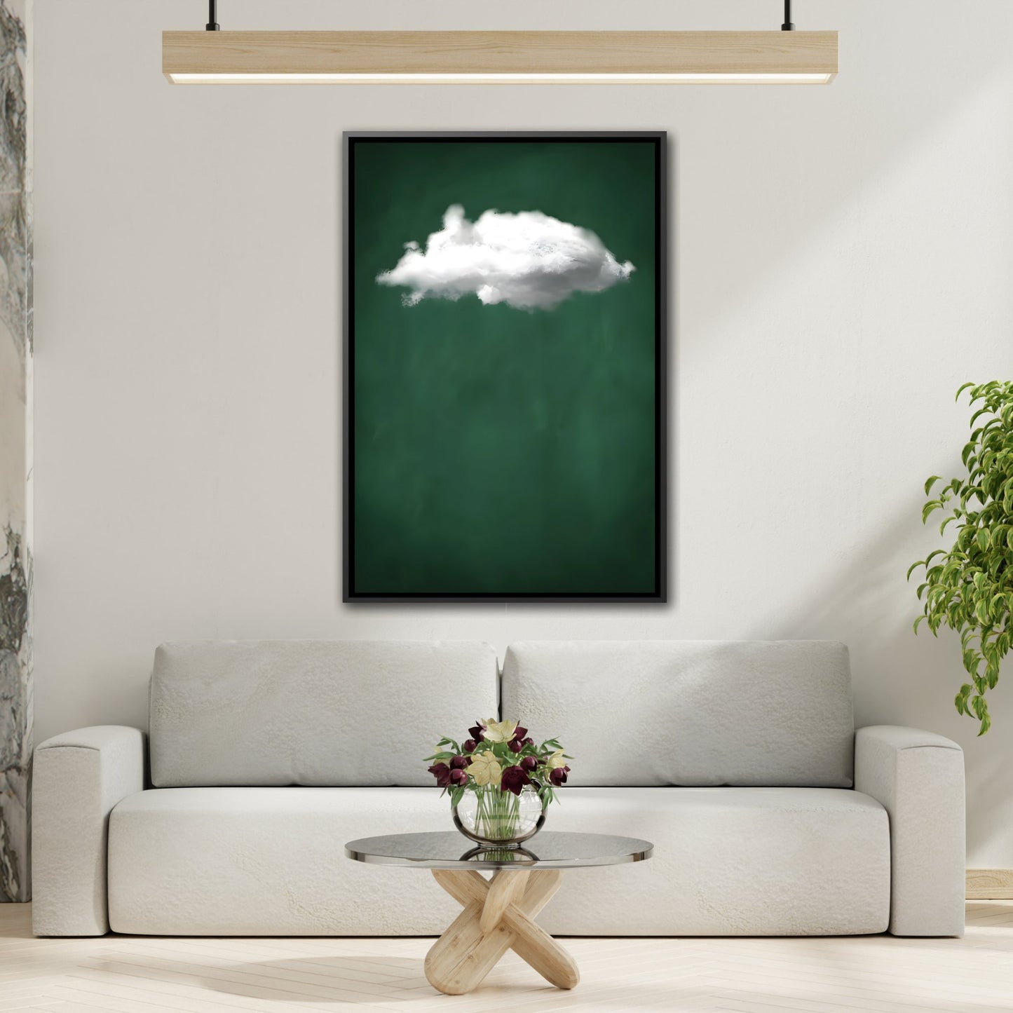 Minimalist Green with Cloud Wall Art Canvas Print - Abstract Home Decor Artwork in Black Frame