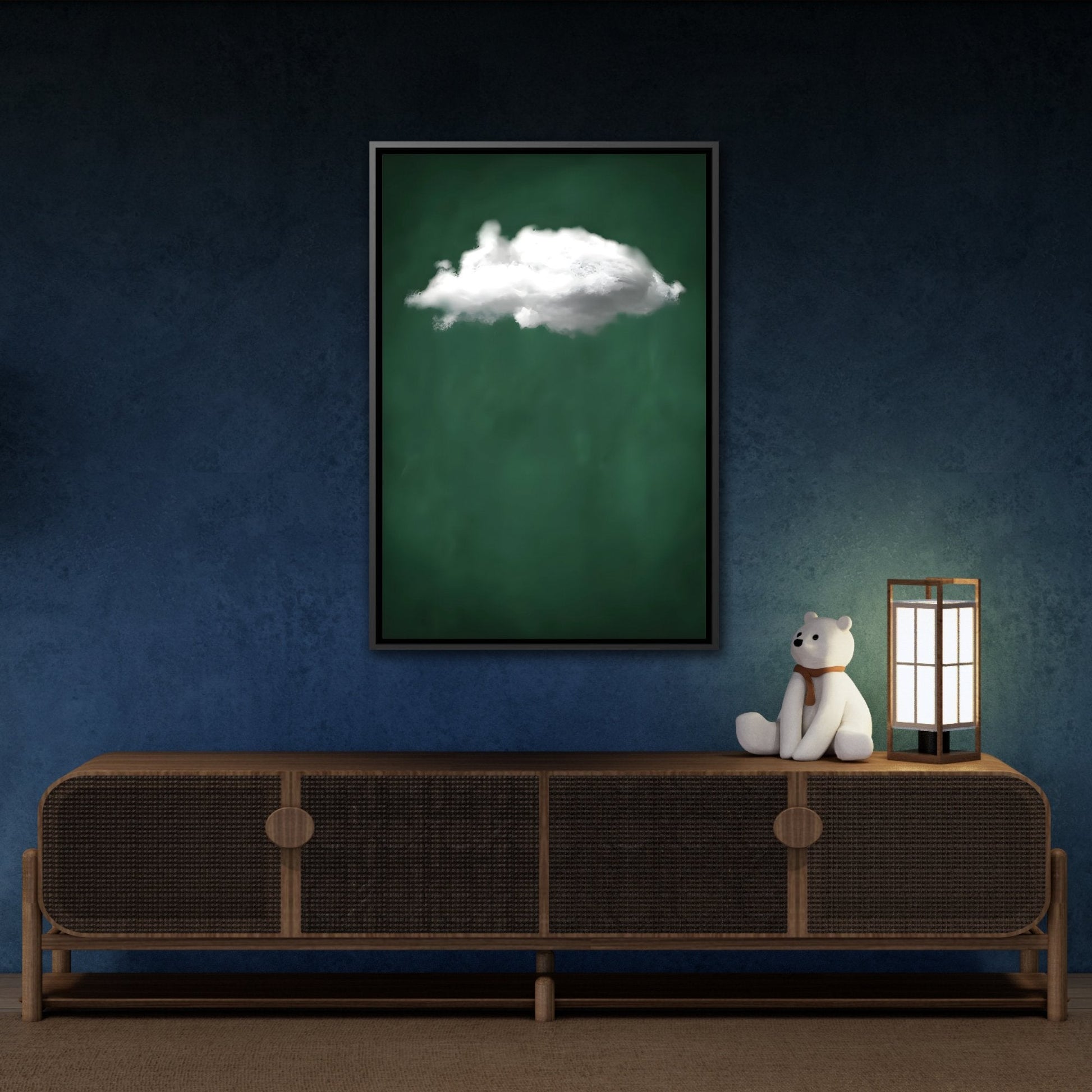 Minimalist Green with Cloud Wall Art Canvas Print - Abstract Home Decor Artwork in Black Frame