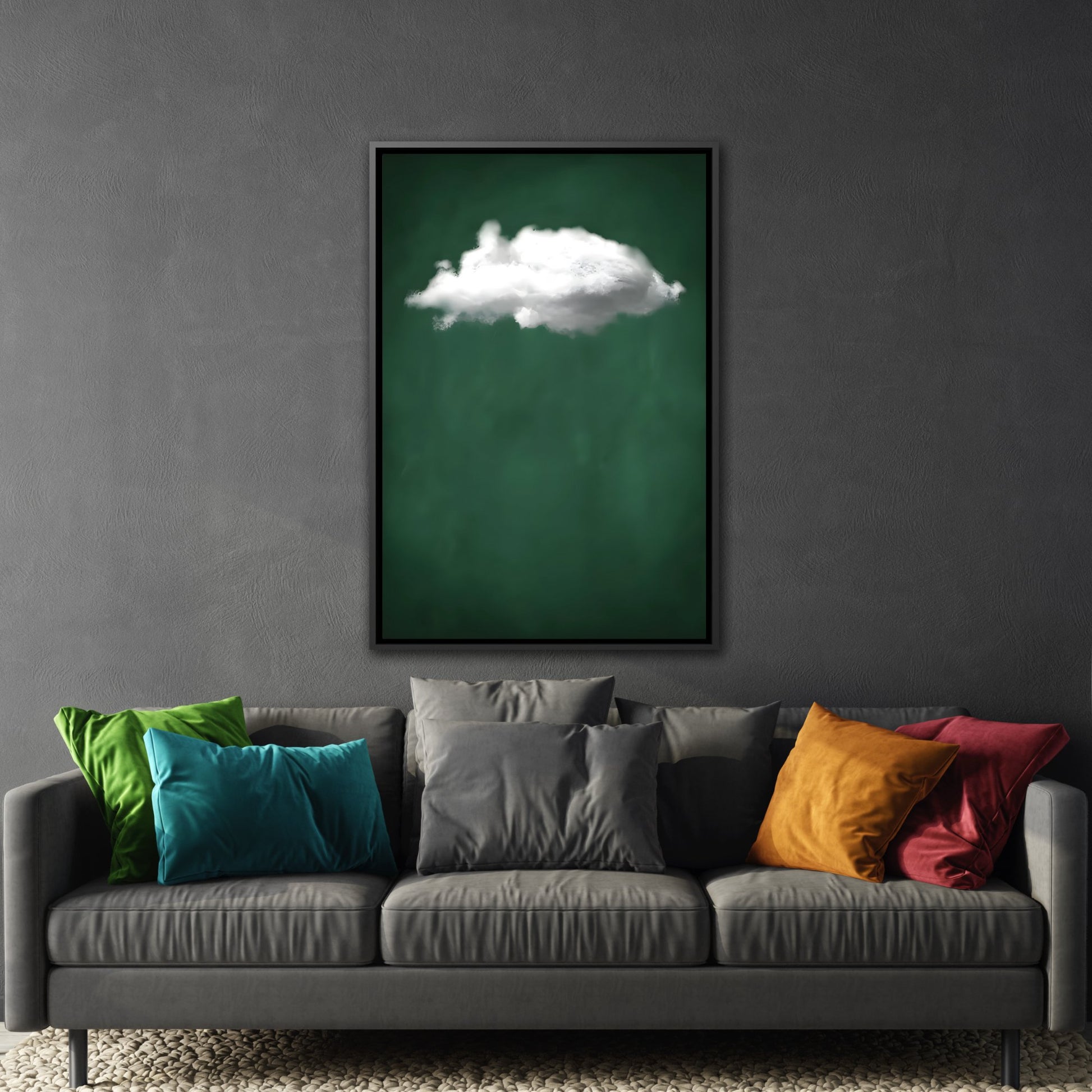 Minimalist Green with Cloud Wall Art Canvas Print - Abstract Home Decor Artwork in Black Frame