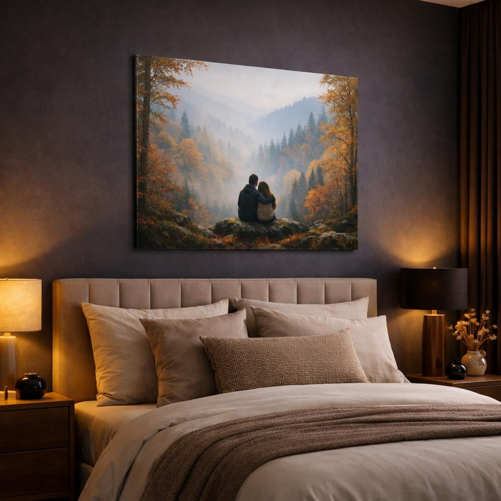 Mist Depth Autumn Forest shown as canvas wall art in a luxury bedroom