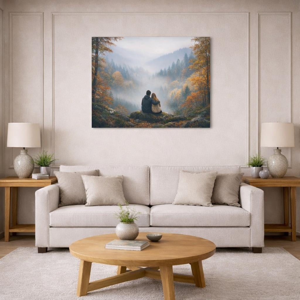 Mist Depth Autumn Forest shown as canvas wall art in a modern living room