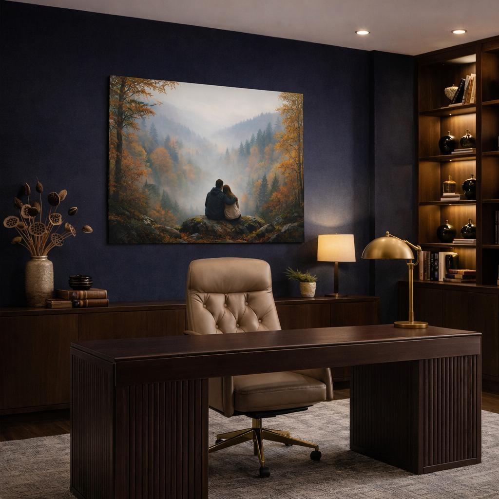 Mist Depth Autumn Forest shown as canvas wall art in a refined dining room
