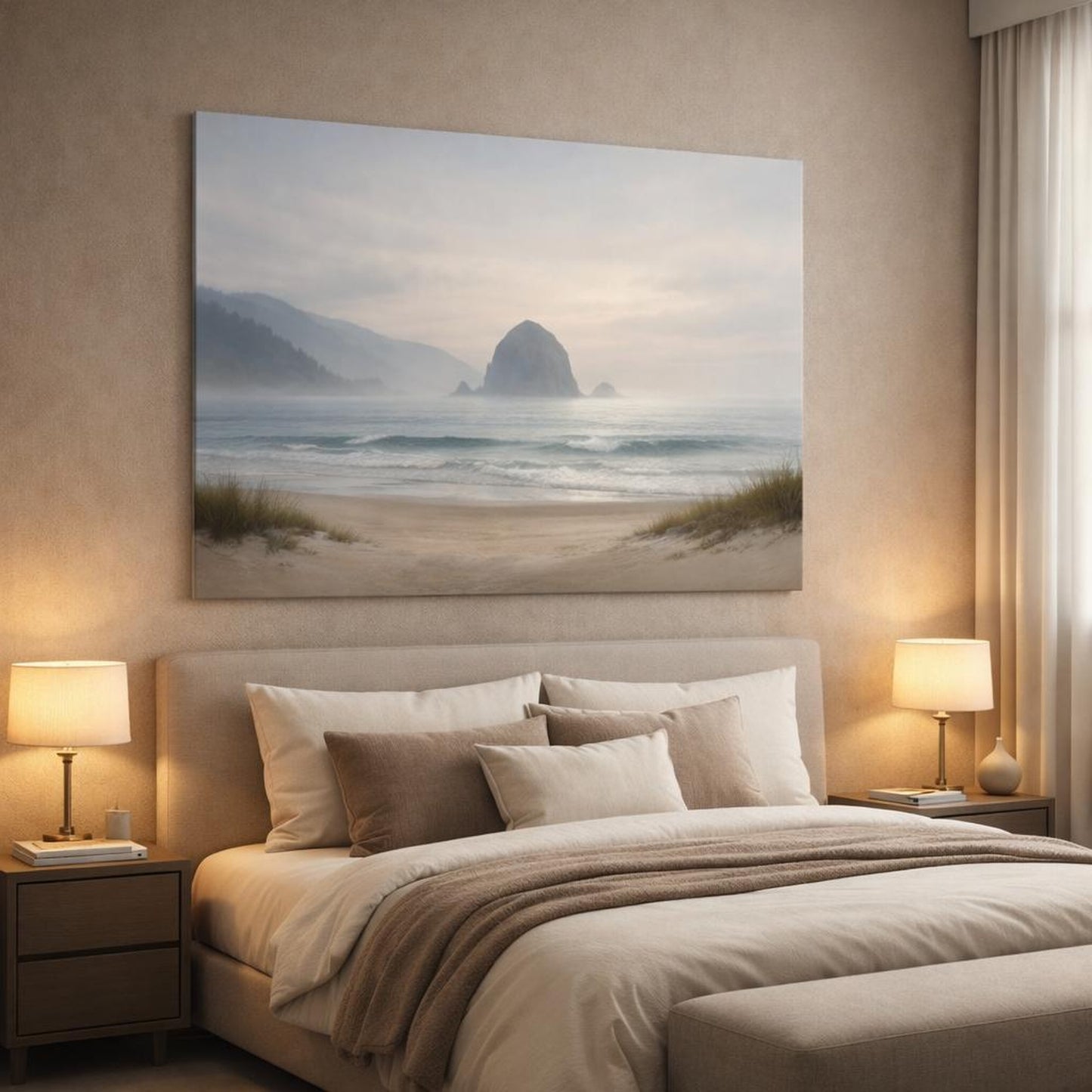 Mist Depth Beach Horizon shown as canvas wall art in a luxury bedroom