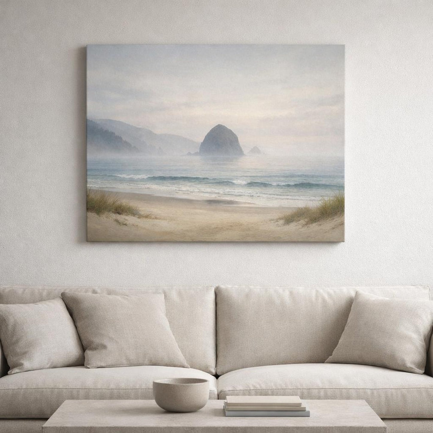 Mist Depth Beach Horizon shown as canvas wall art in a refined dining room
