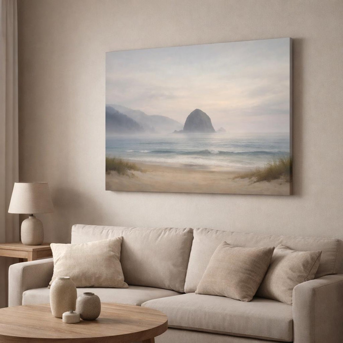 Mist Depth Beach Horizon shown as canvas wall art in a modern living room