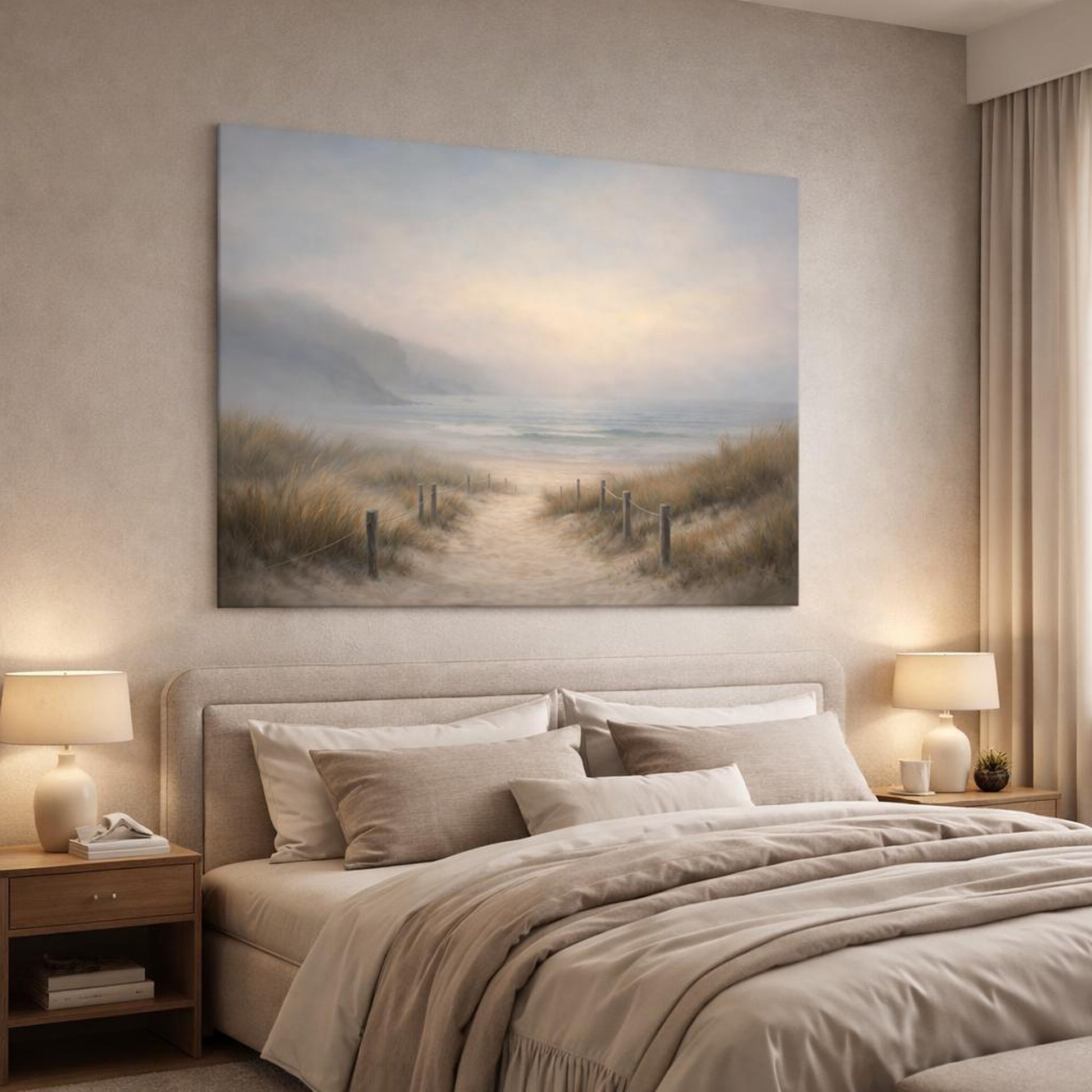 Mist Depth Beach Path shown as canvas wall art in a luxury bedroom