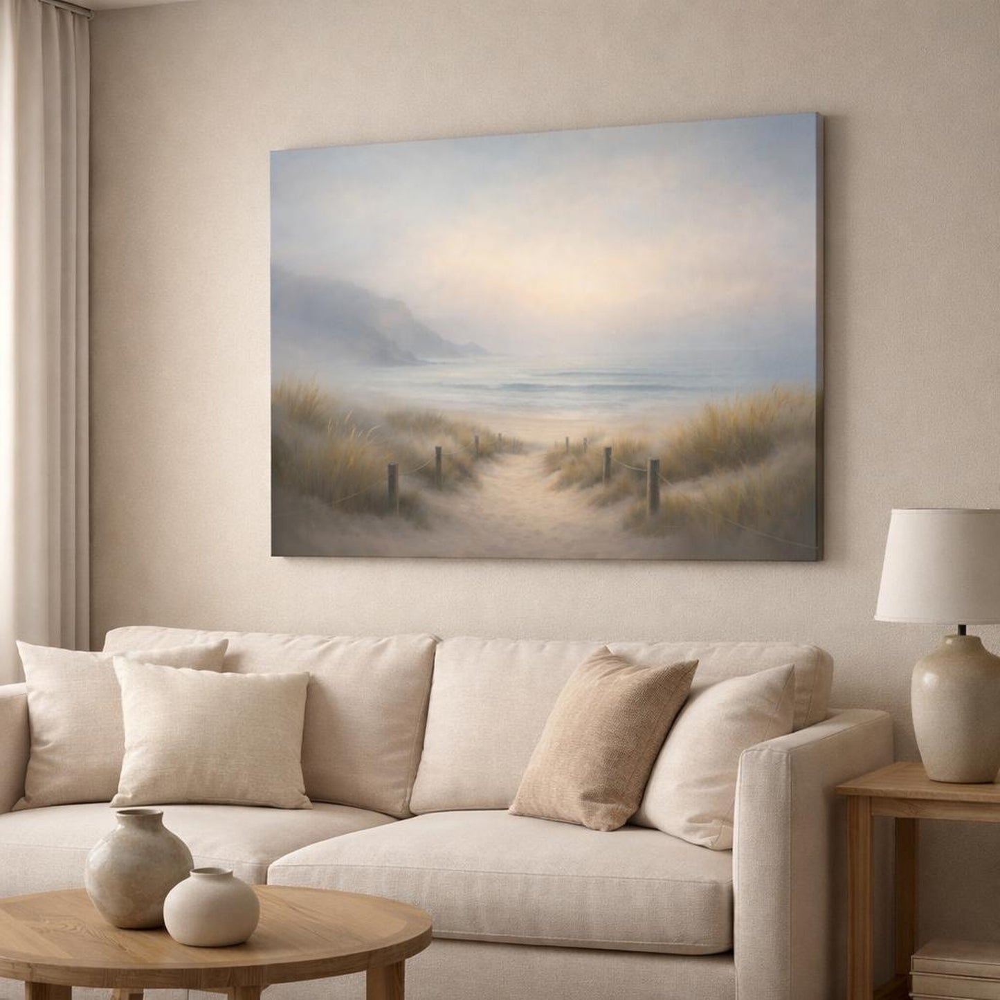 Mist Depth Beach Path shown as canvas wall art in a modern living room