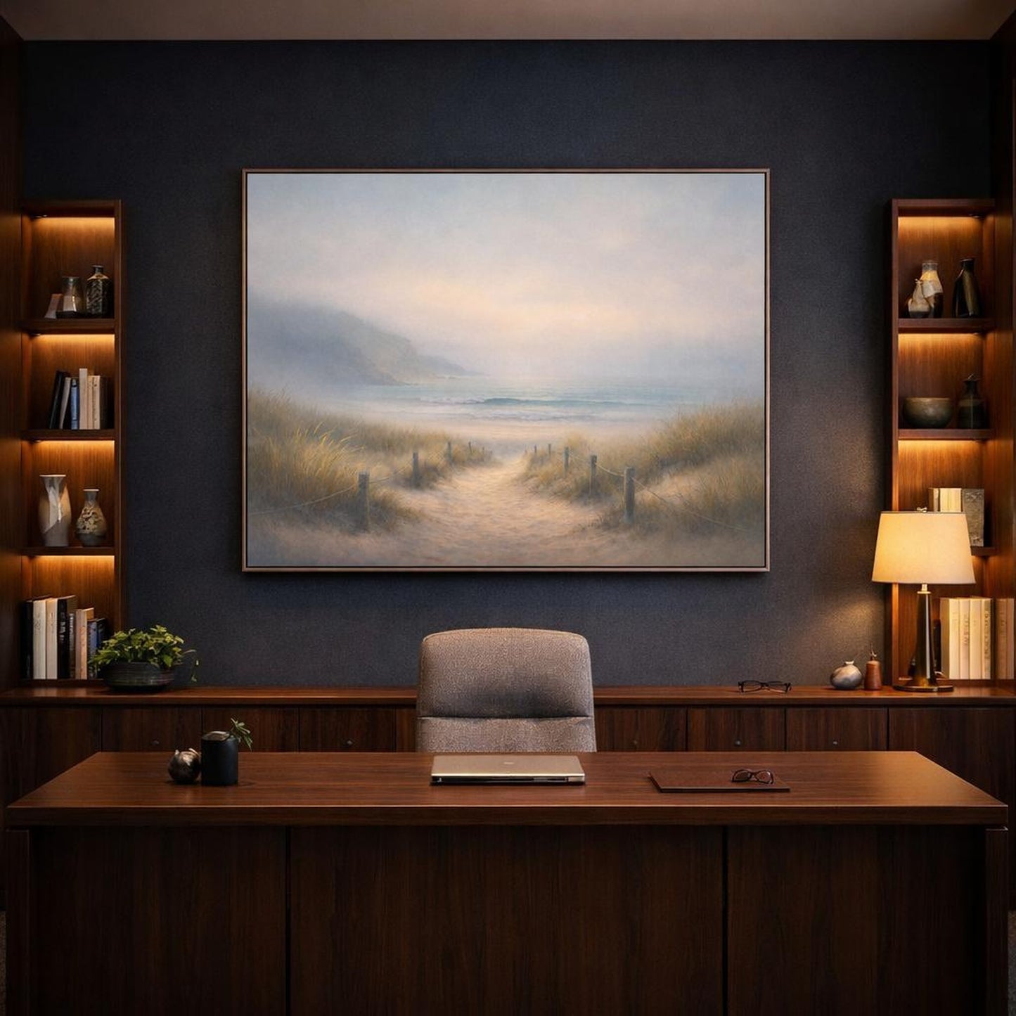 Mist Depth Beach Path shown as canvas wall art in a luxury executive office