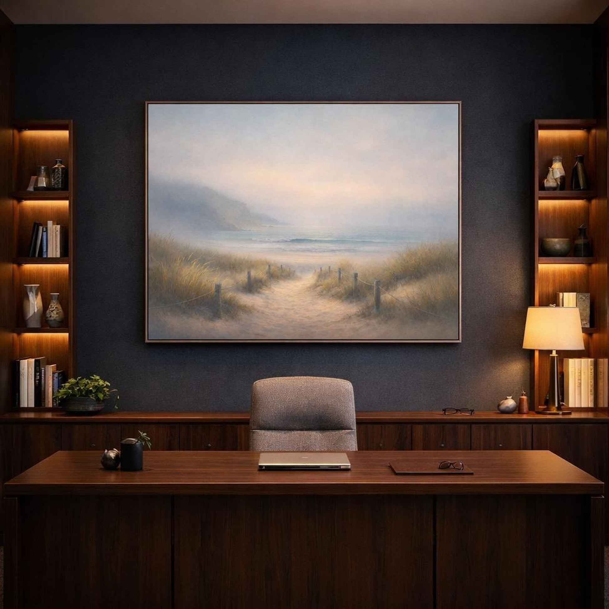 Mist Depth Beach Path shown as canvas wall art in a luxury executive office
