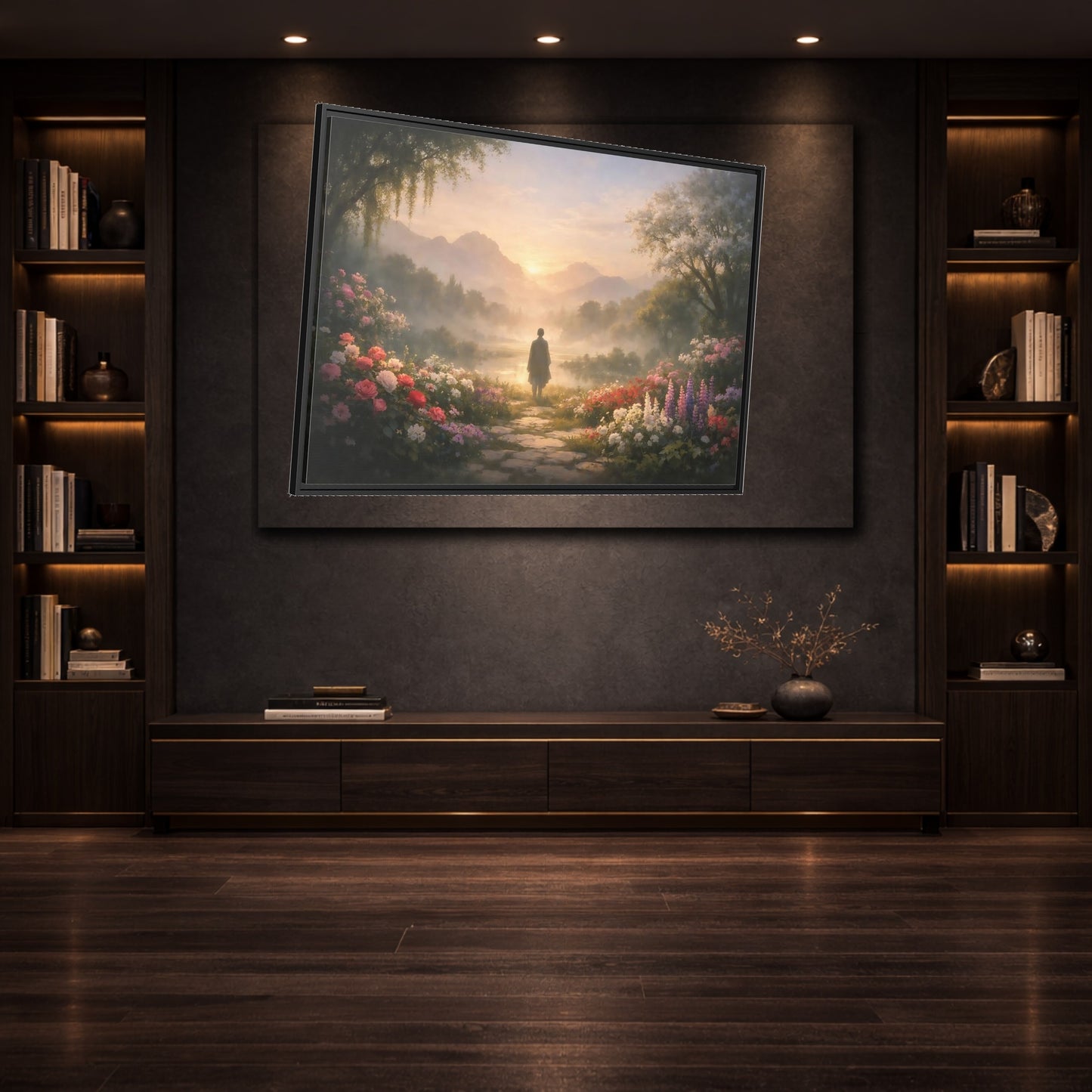 Mockup 2. Mist Depth Blooming Garden shown as stretched canvas wall art