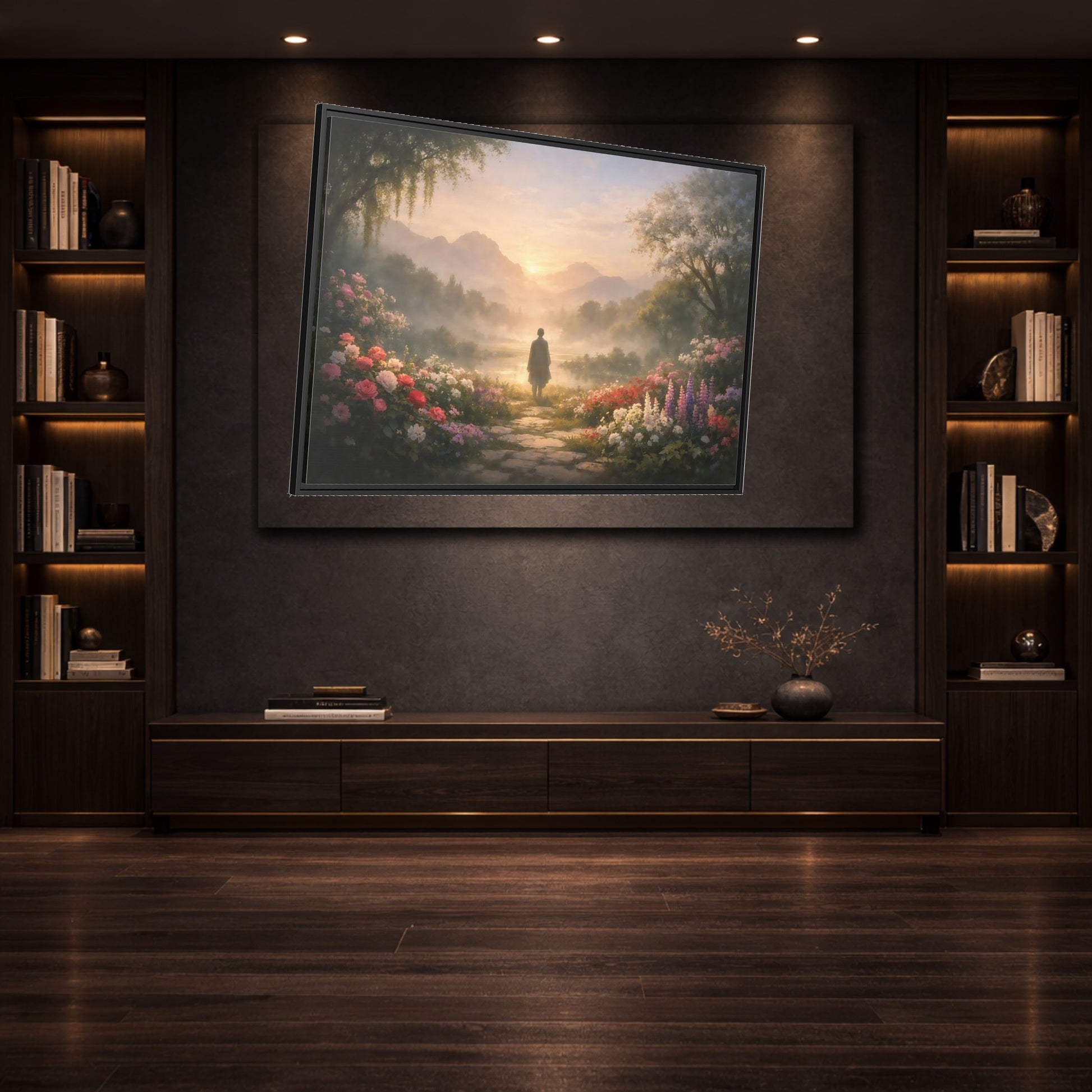 Mockup 2. Mist Depth Blooming Garden shown as stretched canvas wall art