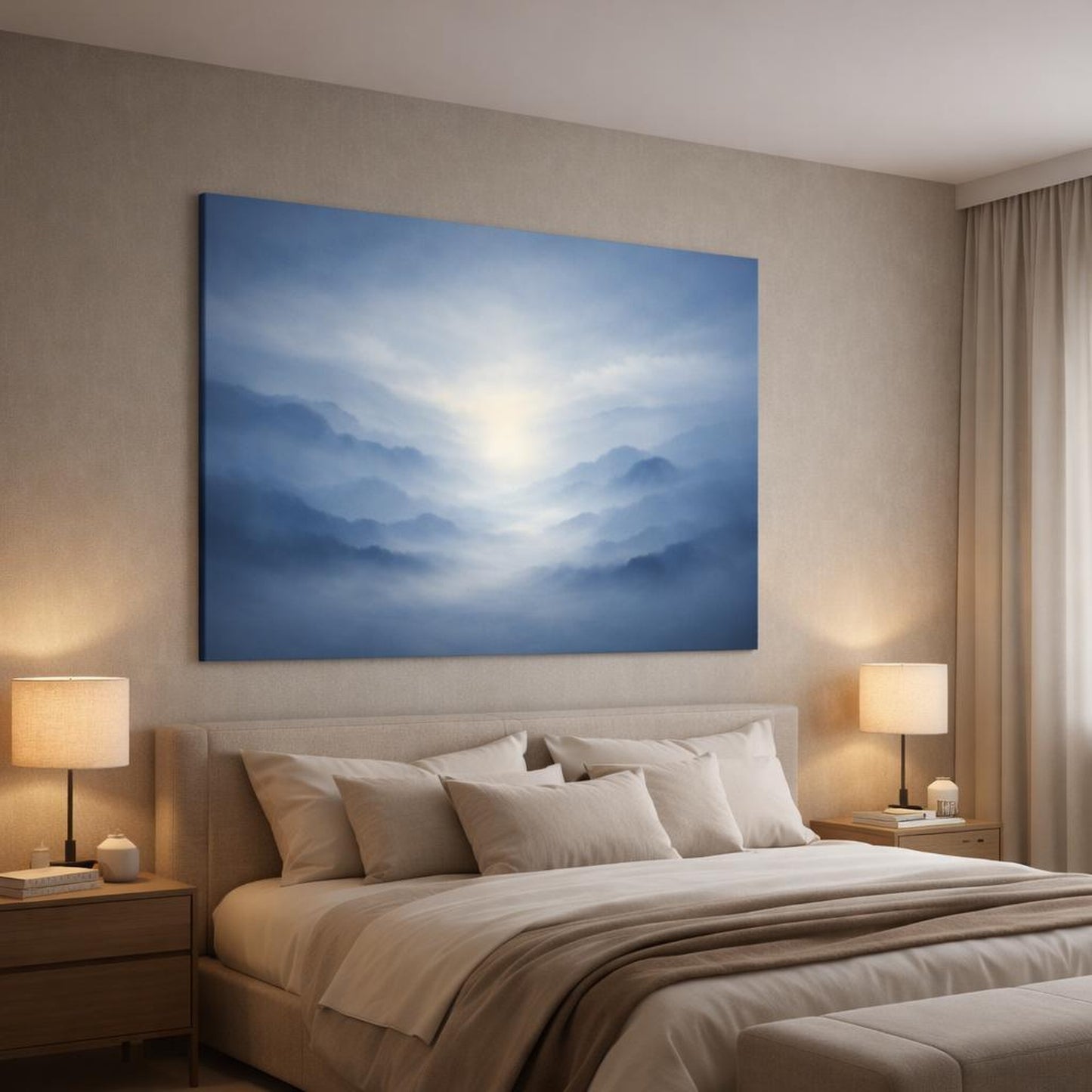 Mist Depth Blue Grey Abstract shown as canvas wall art in a luxury bedroom