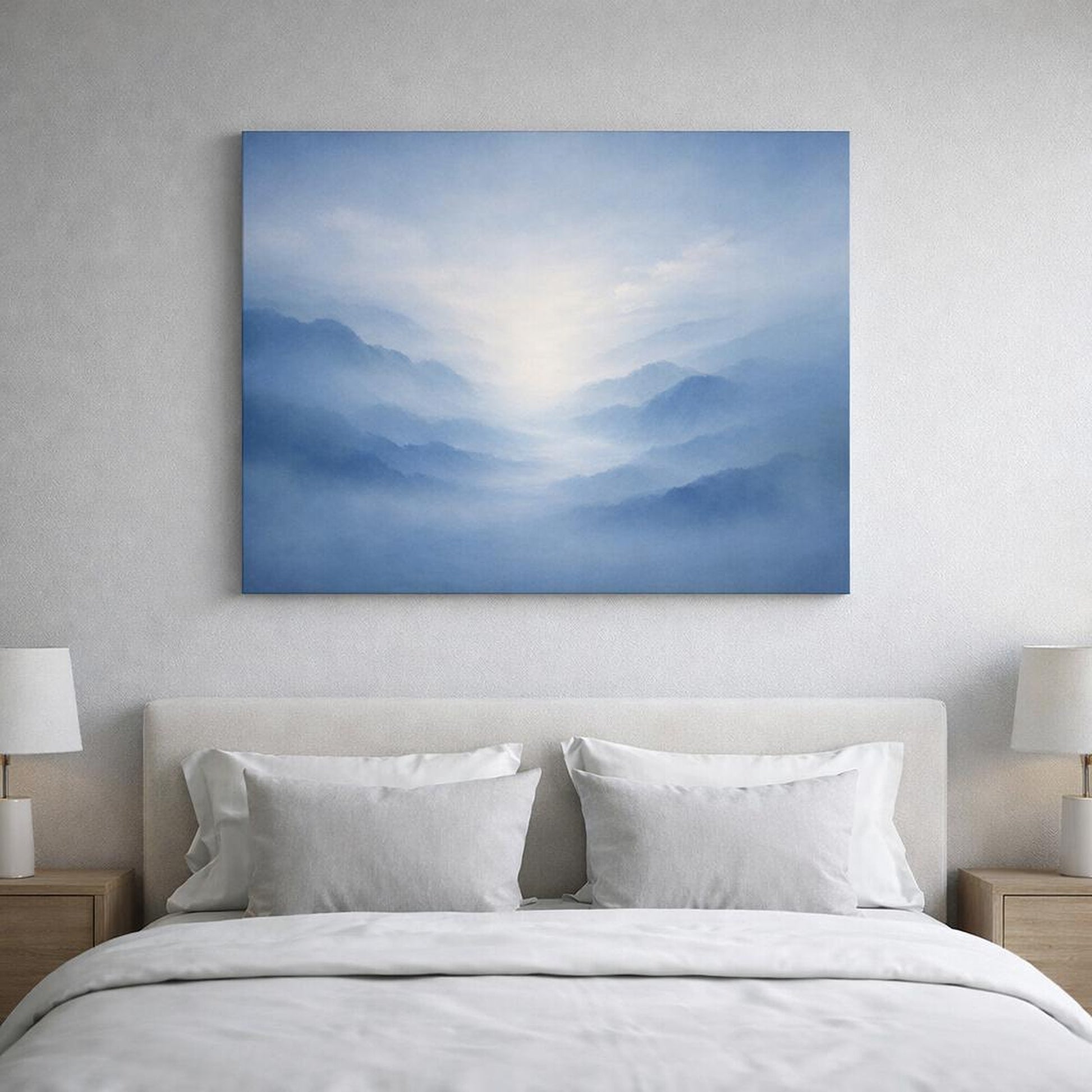 Mist Depth Blue Grey Abstract shown as canvas wall art in a luxury executive office