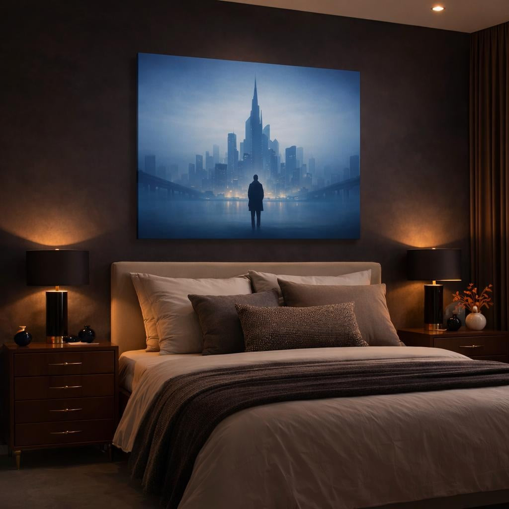 Mist Depth Blue Urban Abstract shown as canvas wall art in a luxury bedroom