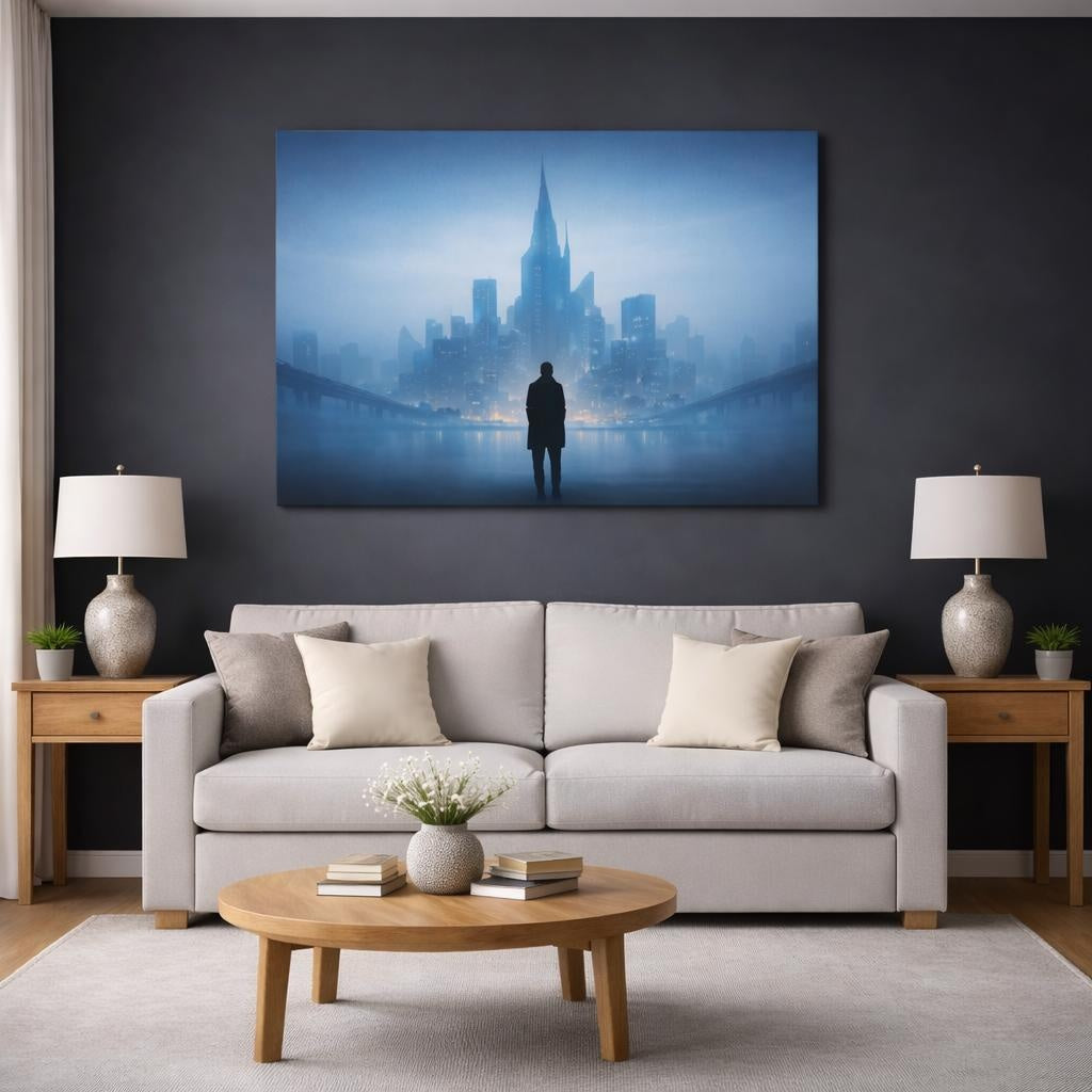 Mist Depth Blue Urban Abstract shown as canvas wall art in a modern living room