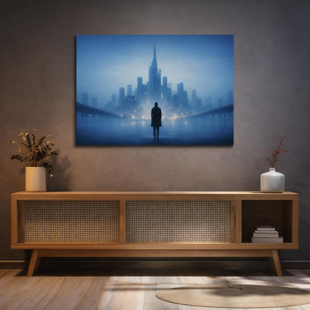 Mist Depth Blue Urban Abstract shown as canvas wall art in a luxury executive office