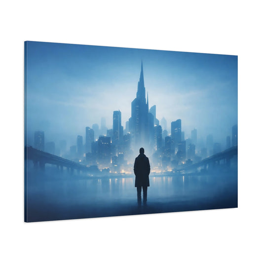 Mist Depth Blue Urban Abstract shown as stretched canvas wall art