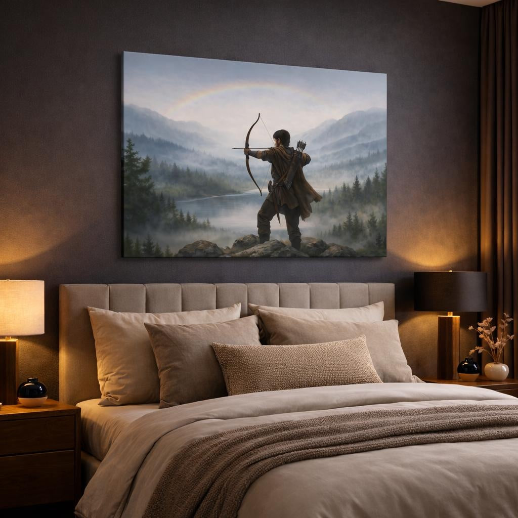 Mist Depth Bow And Arrow shown as canvas wall art in a luxury bedroom