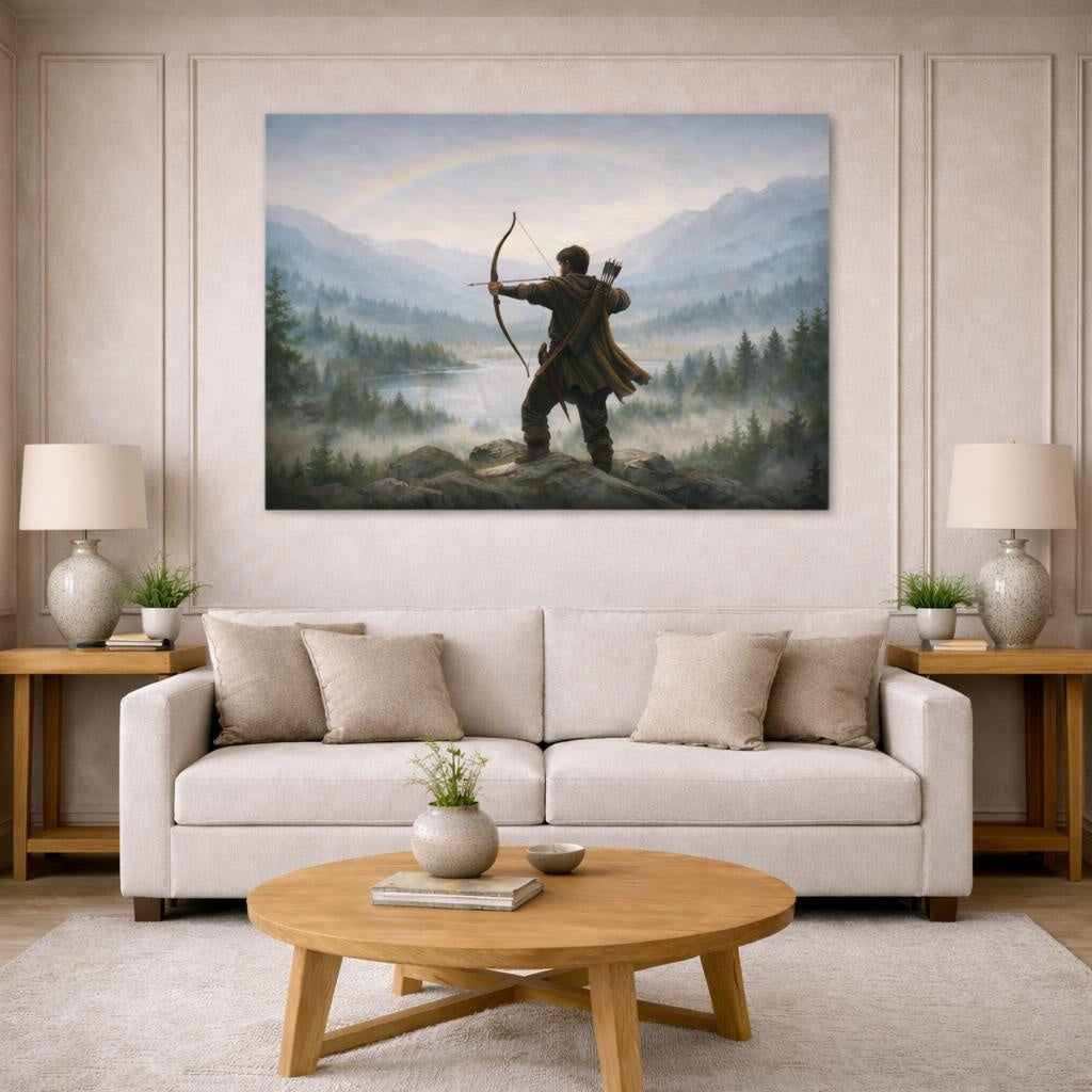 Mist Depth Bow And Arrow shown as canvas wall art in a modern living room