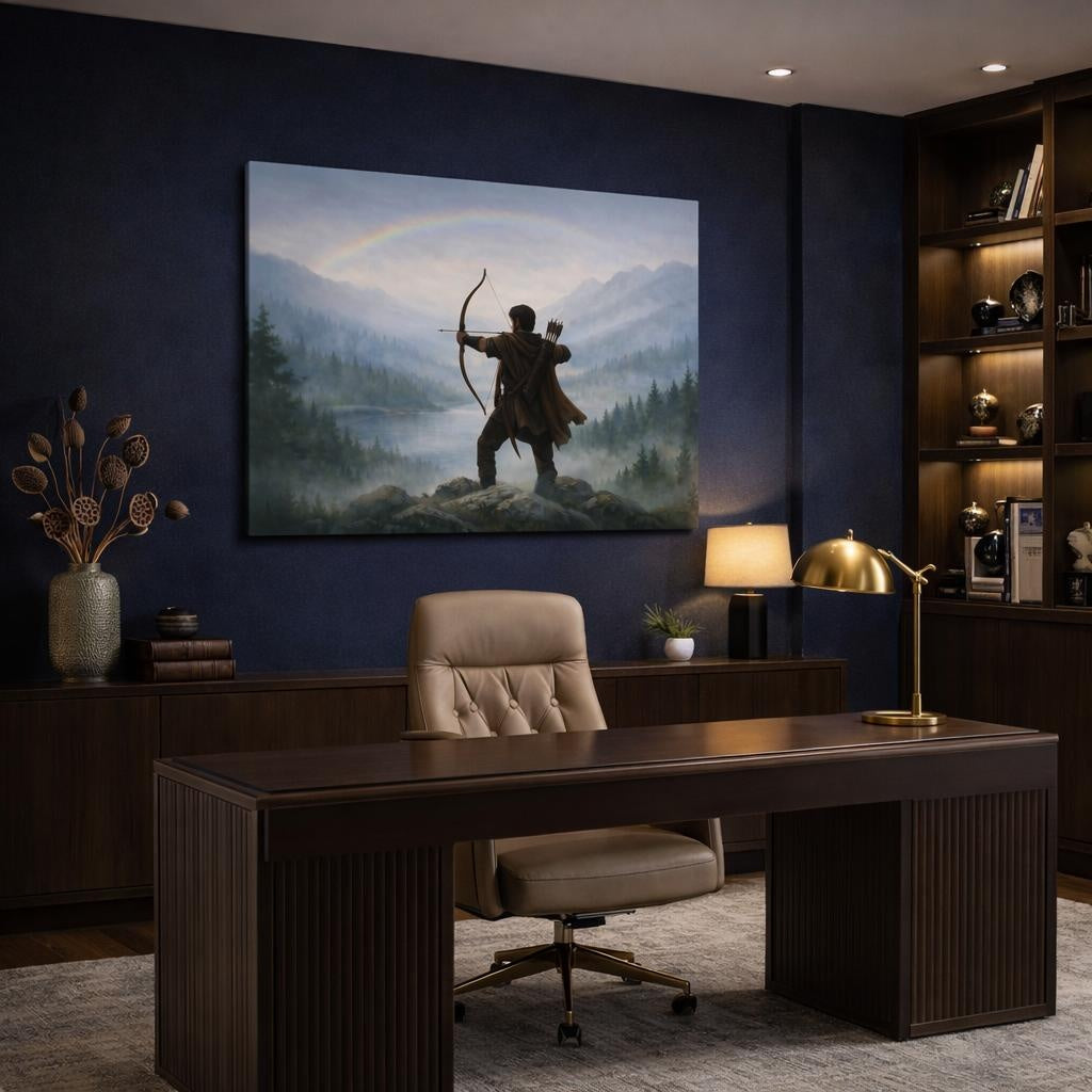 Mist Depth Bow And Arrow shown as canvas wall art in a refined dining room