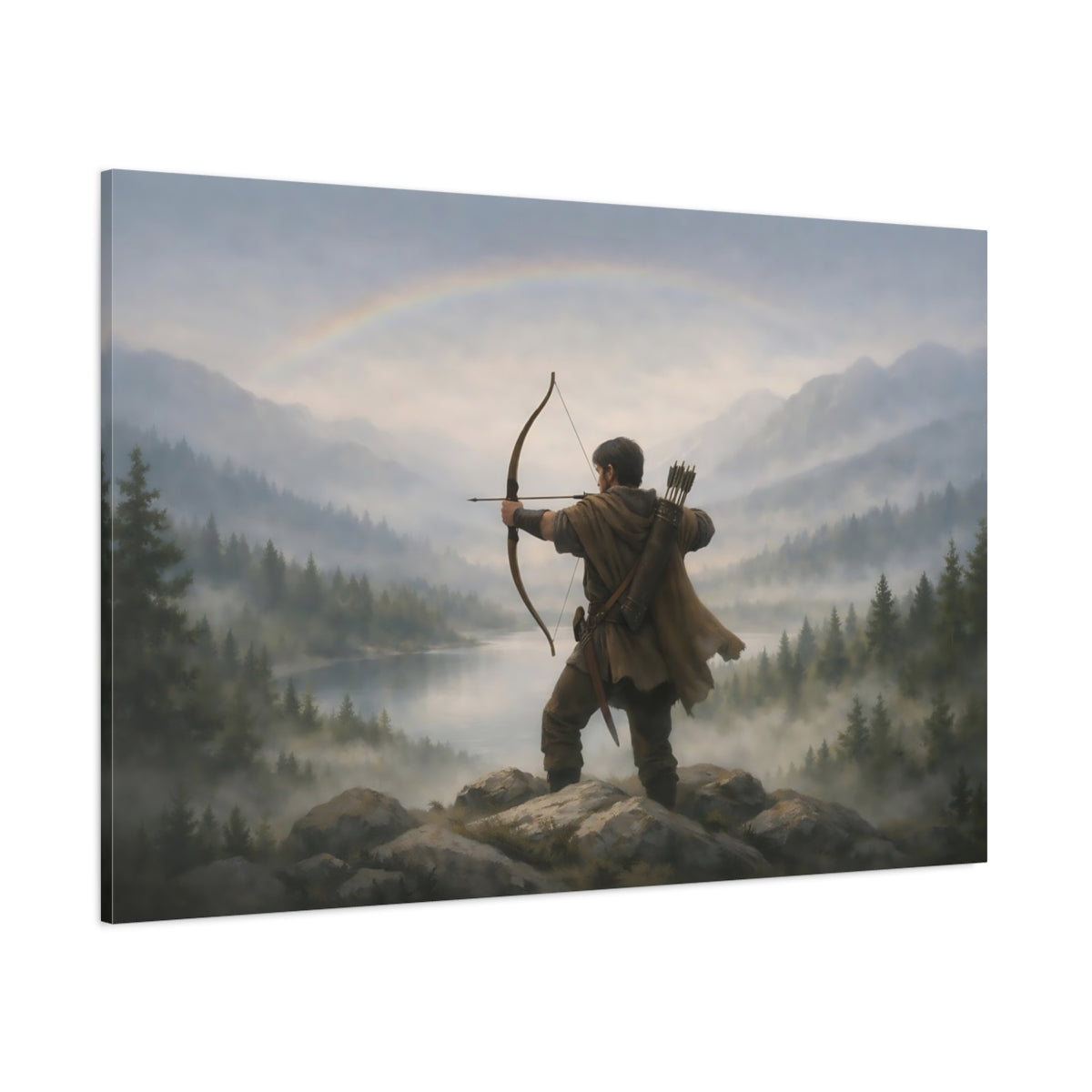 Mist Depth Bow And Arrow shown as stretched canvas wall art