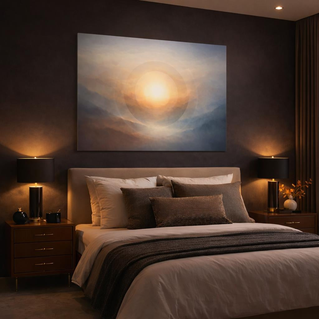 Mist Depth Circular Abstract shown as canvas wall art in a luxury bedroom