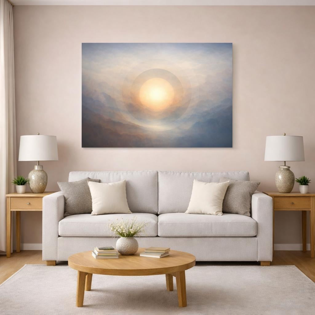 Mist Depth Circular Abstract shown as canvas wall art in a modern living room