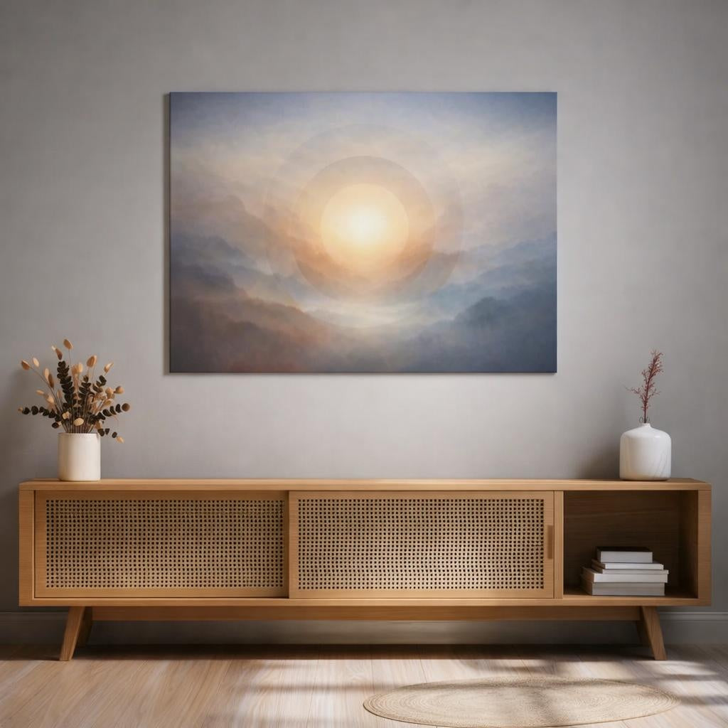 Mist Depth Circular Abstract shown as canvas wall art in a luxury executive office