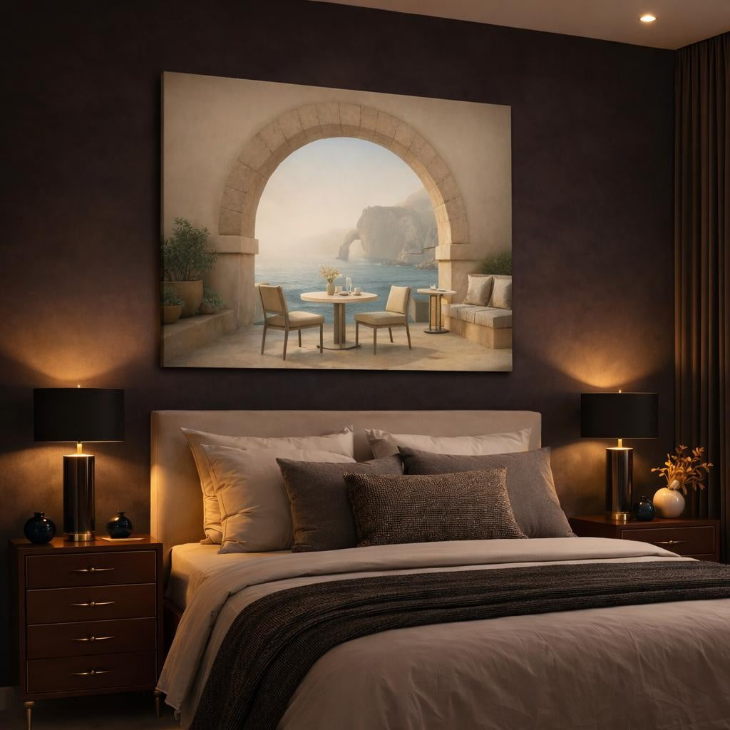 Mist Depth Coastal Archway Cafe shown as canvas wall art in a luxury bedroom