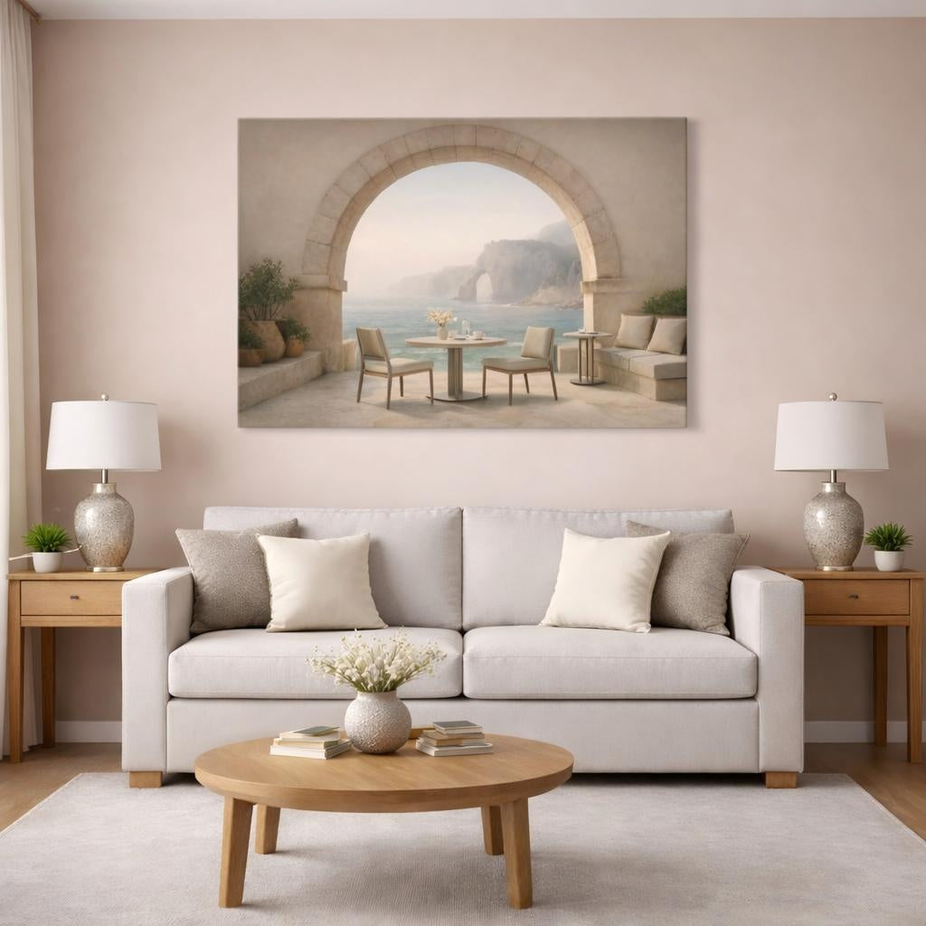 Mist Depth Coastal Archway Cafe shown as canvas wall art in a modern living room