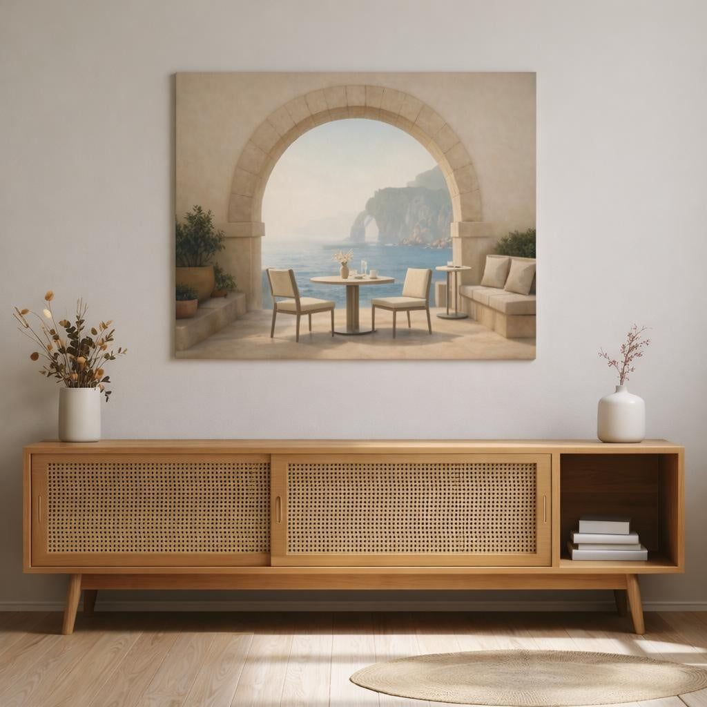 Mist Depth Coastal Archway Cafe shown as canvas wall art in a refined dining room