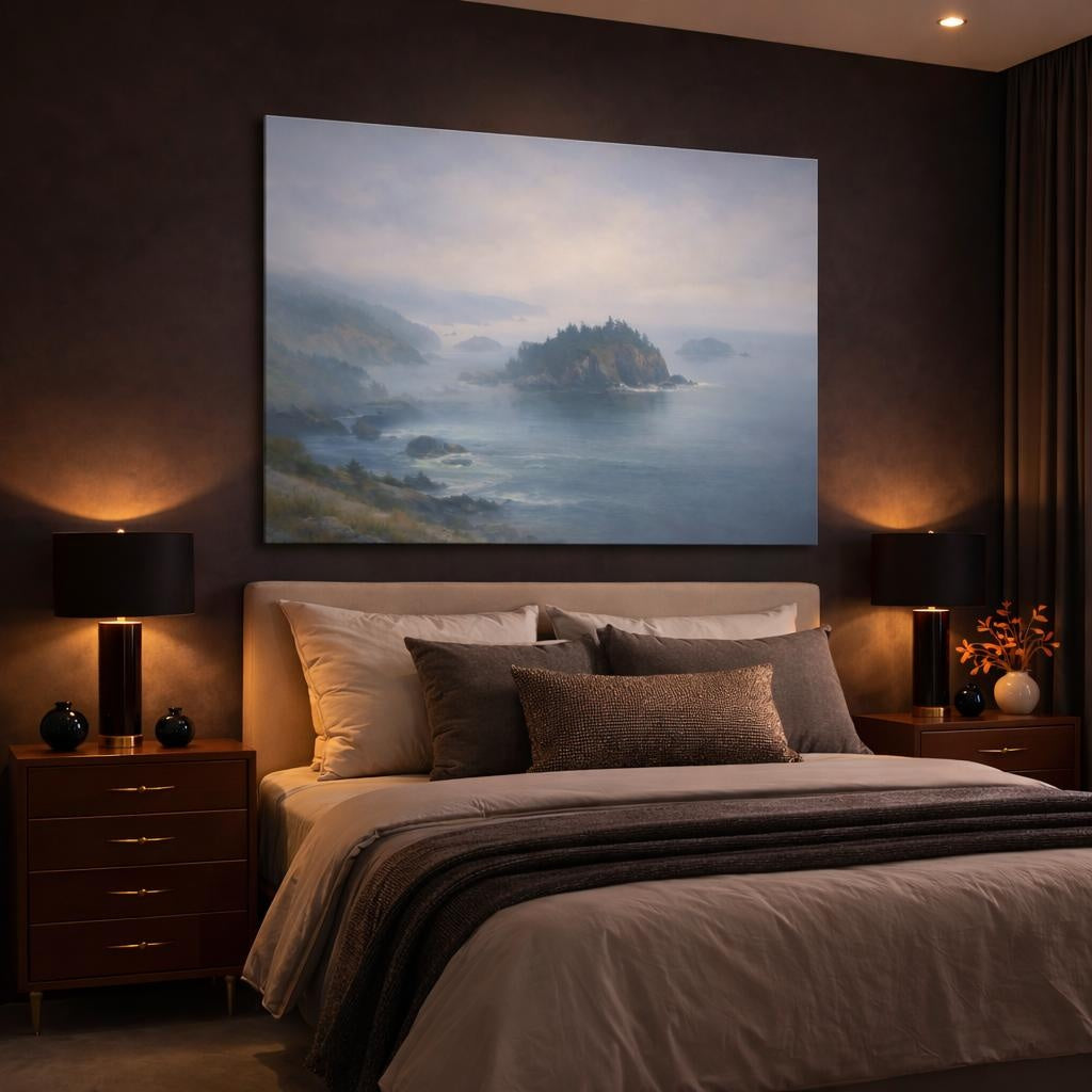 Mist Depth Coastal Panorama shown as canvas wall art in a luxury bedroom