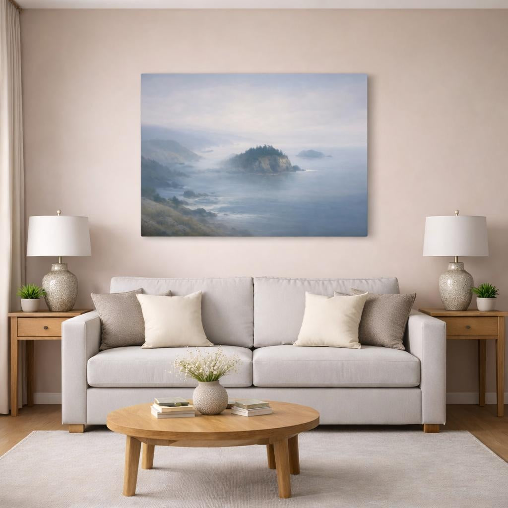 Mist Depth Coastal Panorama shown as canvas wall art in a modern living room