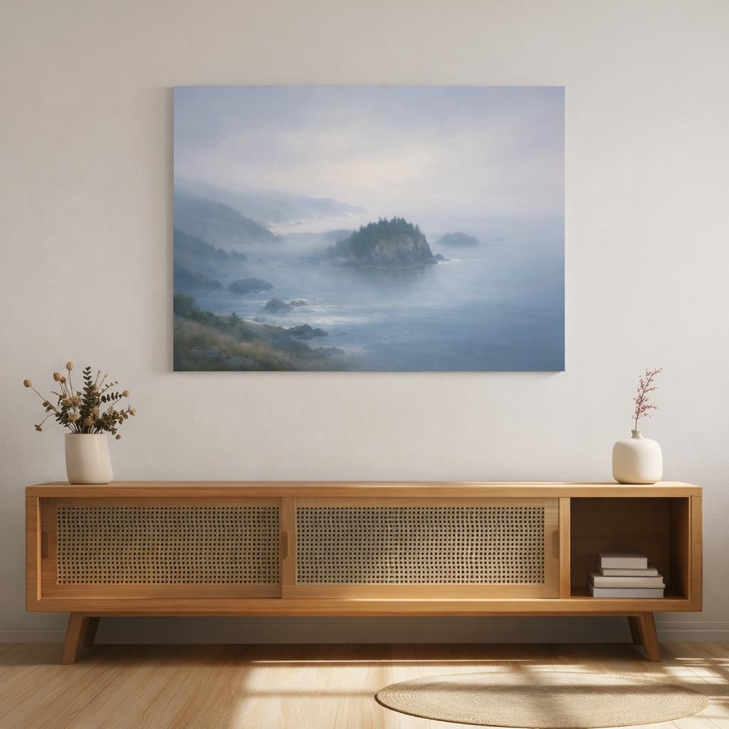 Mist Depth Coastal Panorama shown as canvas wall art in a luxury executive office
