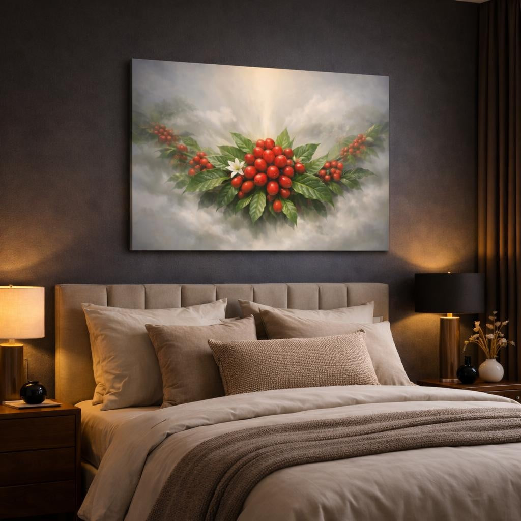 Mist Depth Coffee Branch shown as canvas wall art in a luxury bedroom