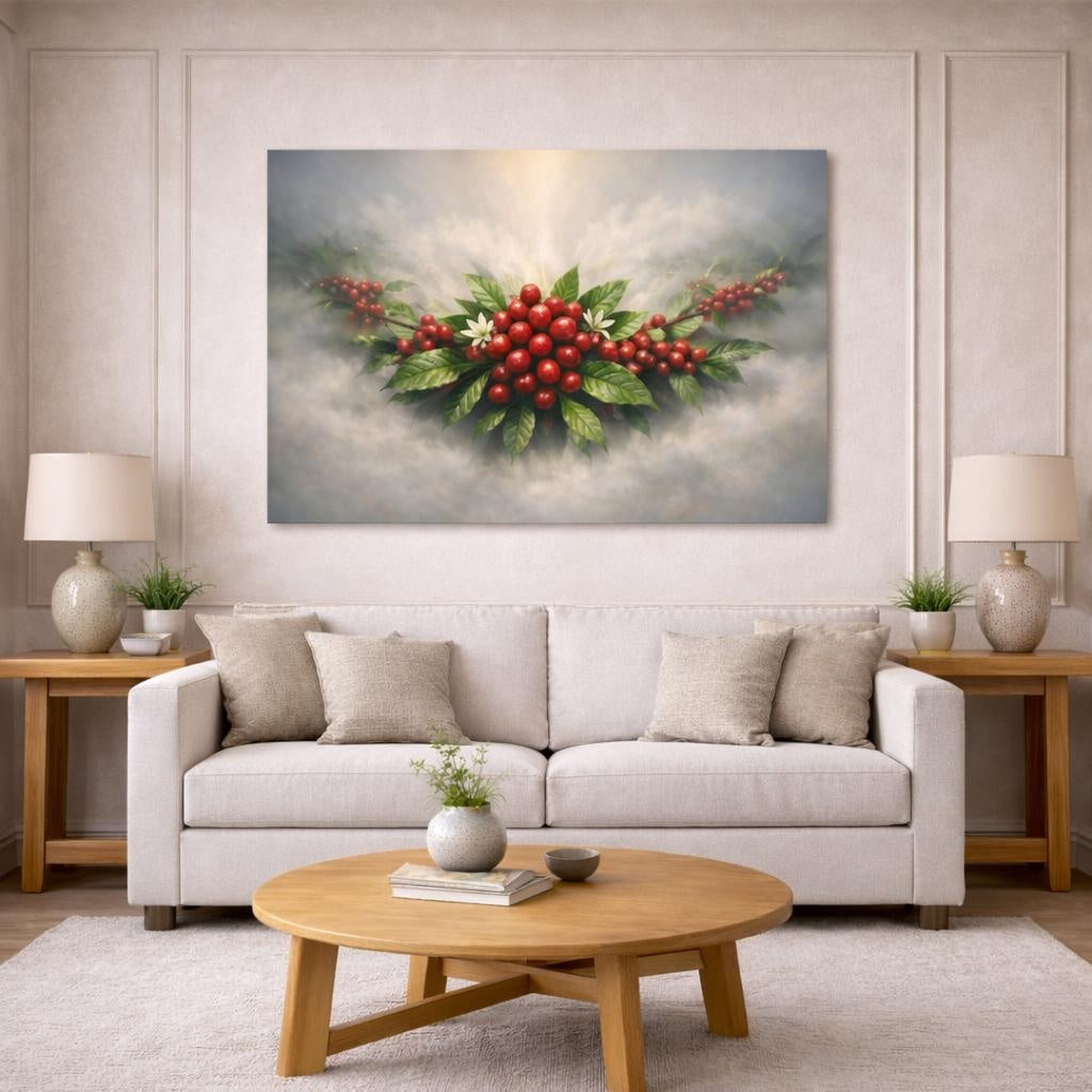 Mist Depth Coffee Branch shown as canvas wall art in a modern living room
