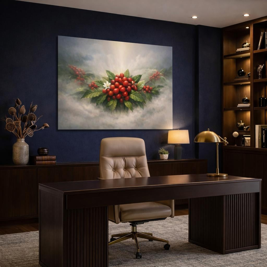 Mist Depth Coffee Branch shown as canvas wall art in an elegant contemporary kitchen