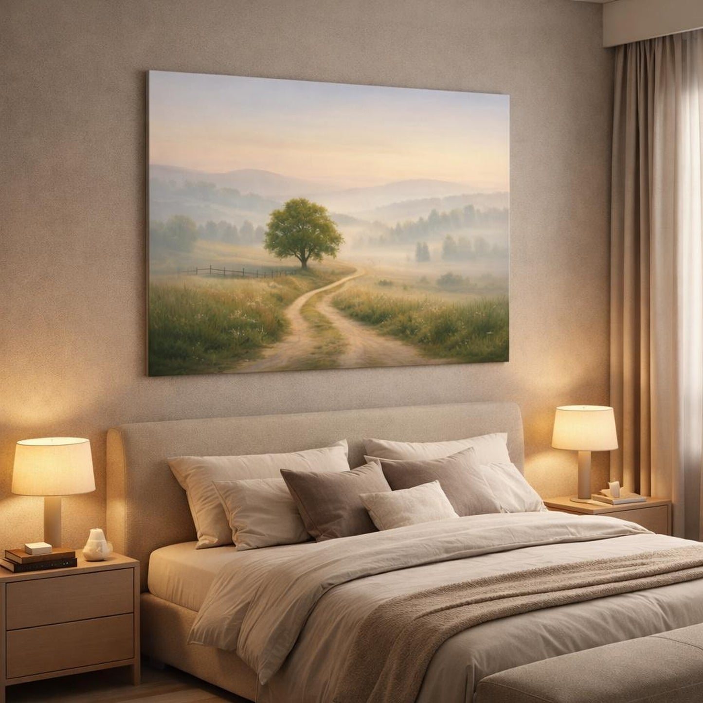 Mist Depth Countryside Path shown as canvas wall art in a luxury bedroom