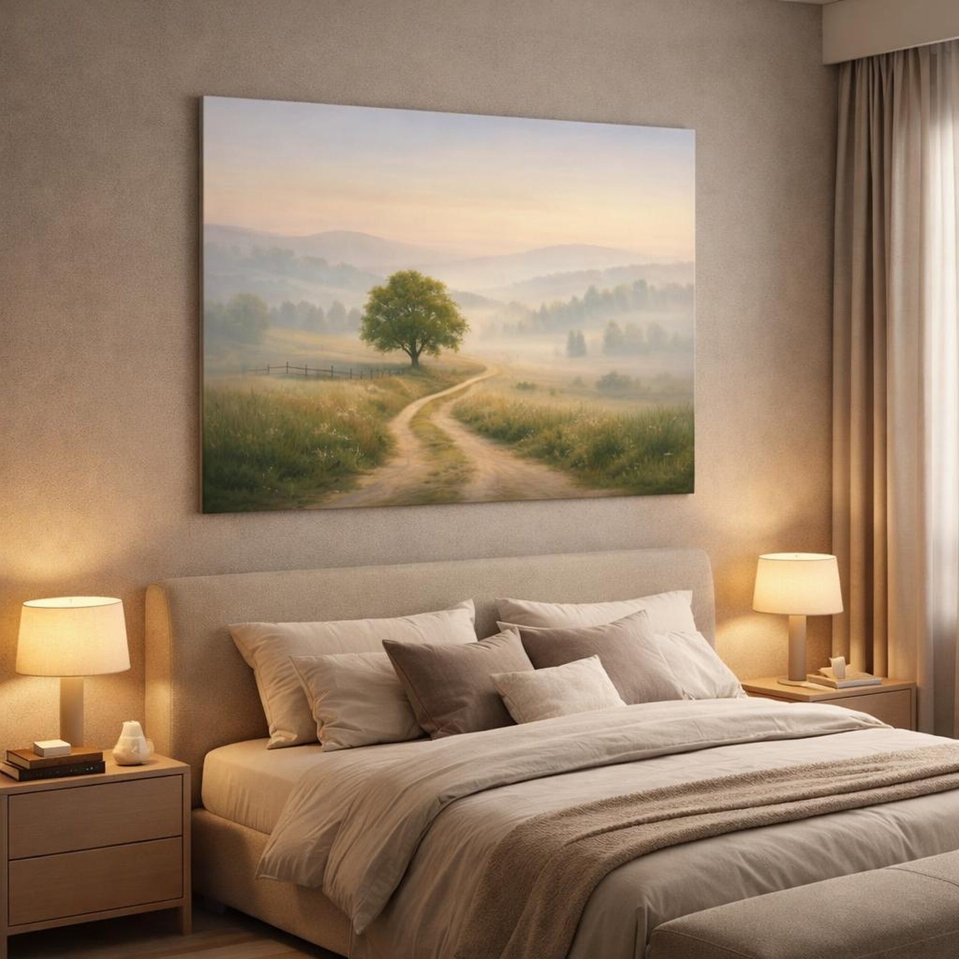 Mist Depth Countryside Path shown as canvas wall art in a luxury bedroom