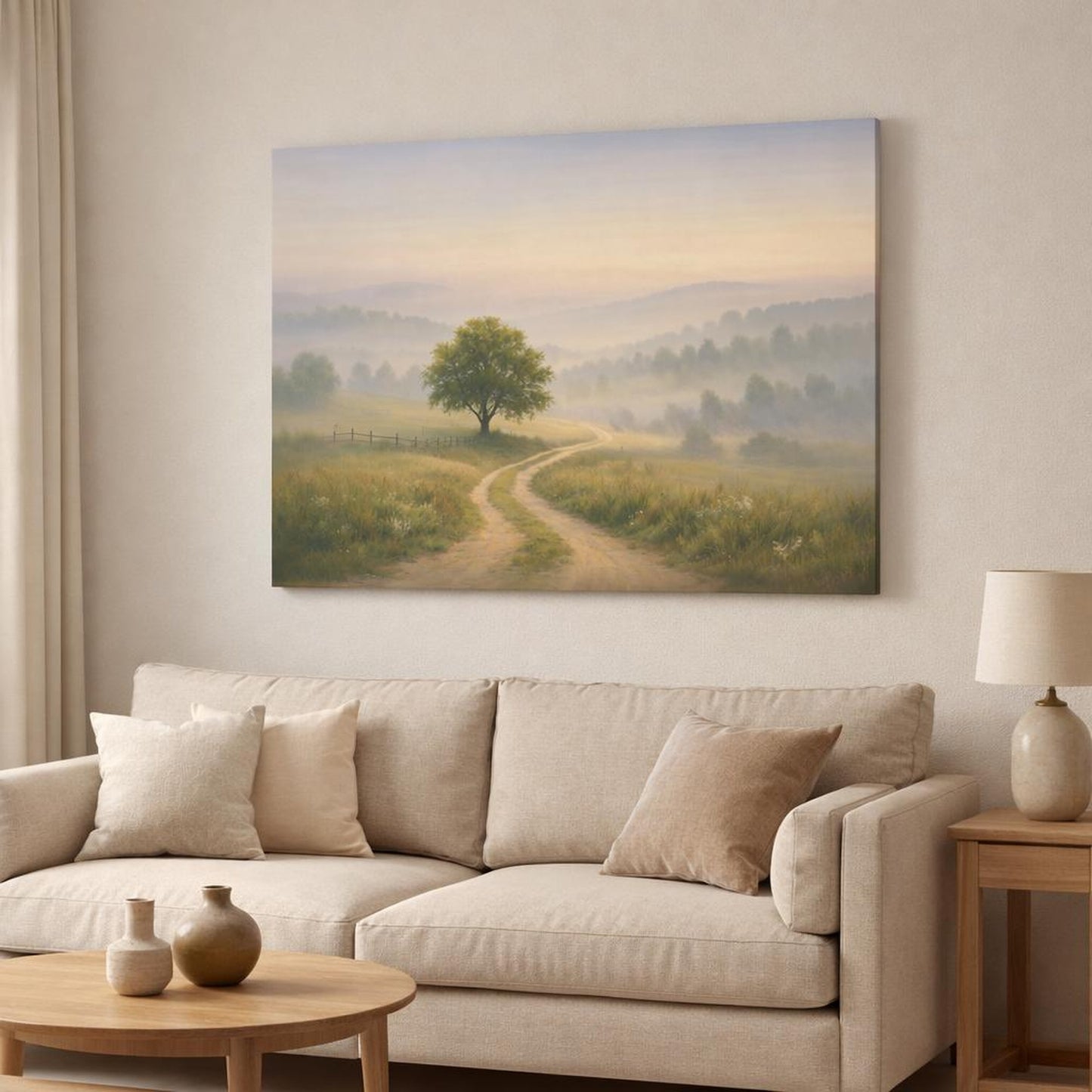 Mist Depth Countryside Path shown as canvas wall art in a modern living room
