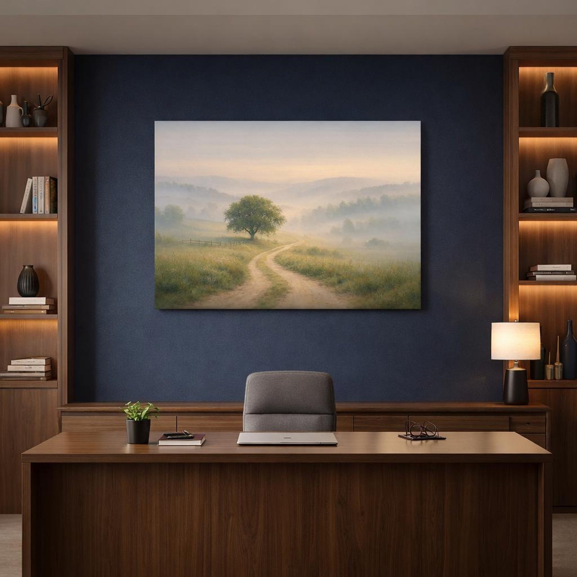 Mist Depth Countryside Path shown as canvas wall art in a refined dining room
