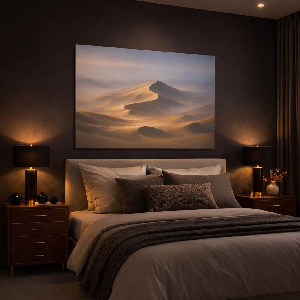 Mist Depth Desert Dunes shown as canvas wall art in a luxury bedroom