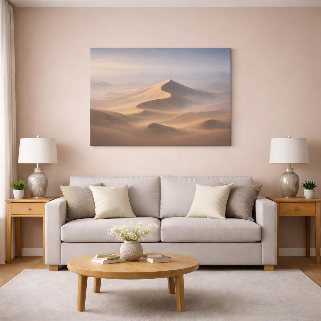 Mist Depth Desert Dunes shown as canvas wall art in a modern living room