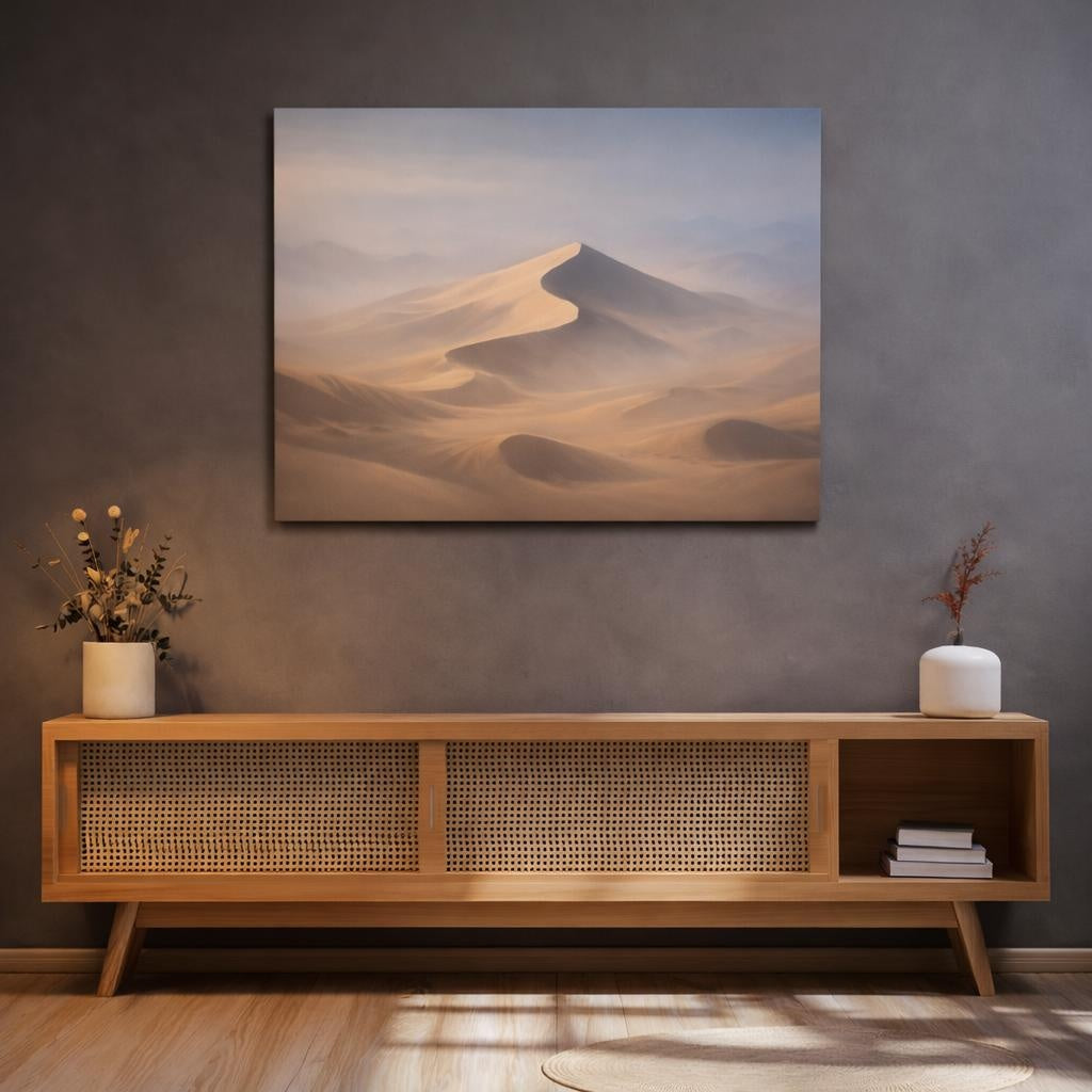 Mist Depth Desert Dunes shown as canvas wall art in a refined dining room