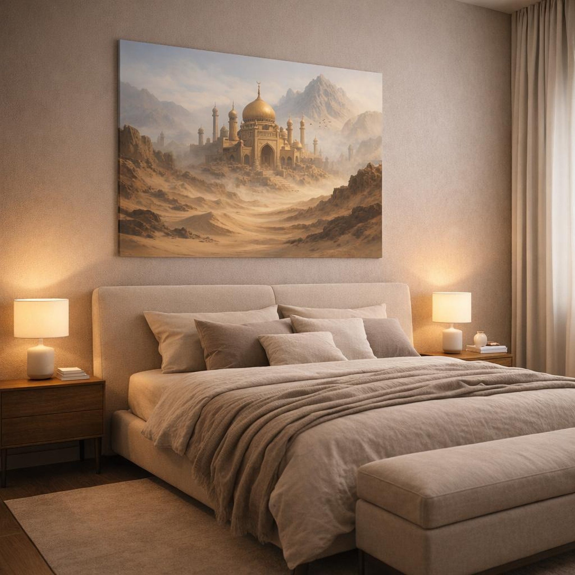 Mist Depth Desert Palace shown as canvas wall art in a luxury bedroom
