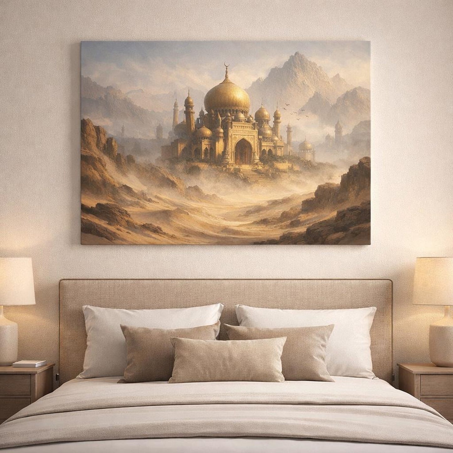 Mist Depth Desert Palace shown as canvas wall art in a refined dining room