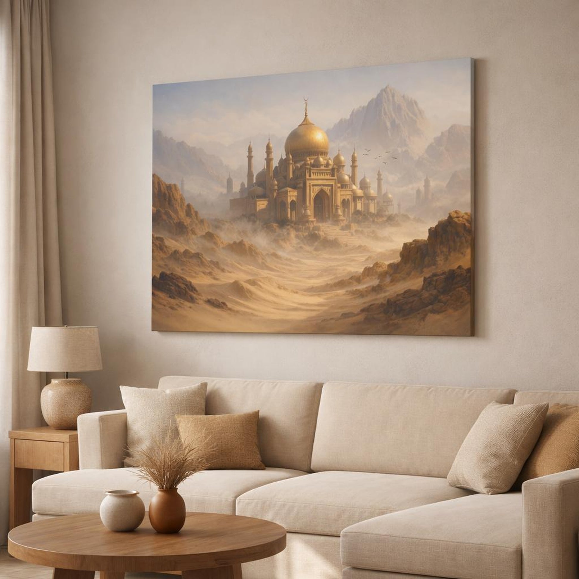 Mist Depth Desert Palace shown as canvas wall art in a modern living room