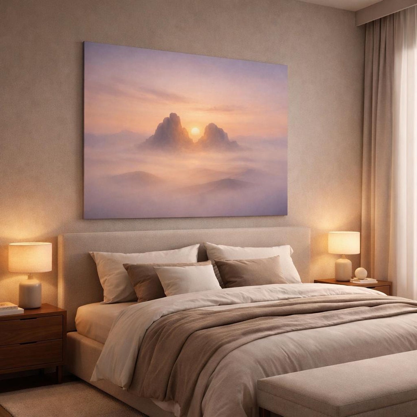 Mist Depth Desert Sunset shown as canvas wall art in a luxury bedroom