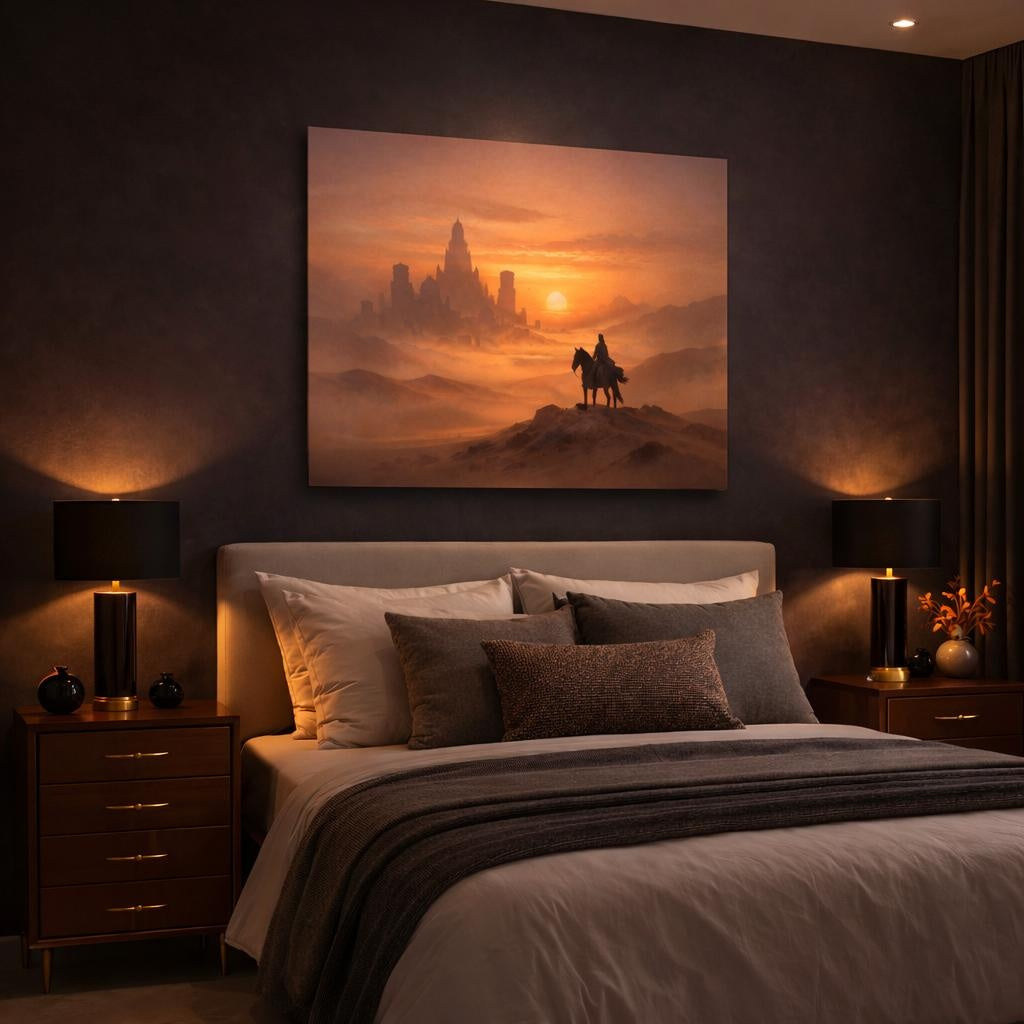 Mist Depth Desert Sunset shown as canvas wall art in a luxury bedroom